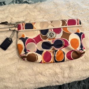 COACH Sateen Signature C Logo Wristlet Wallet Leather Strap Tan Navy Pink